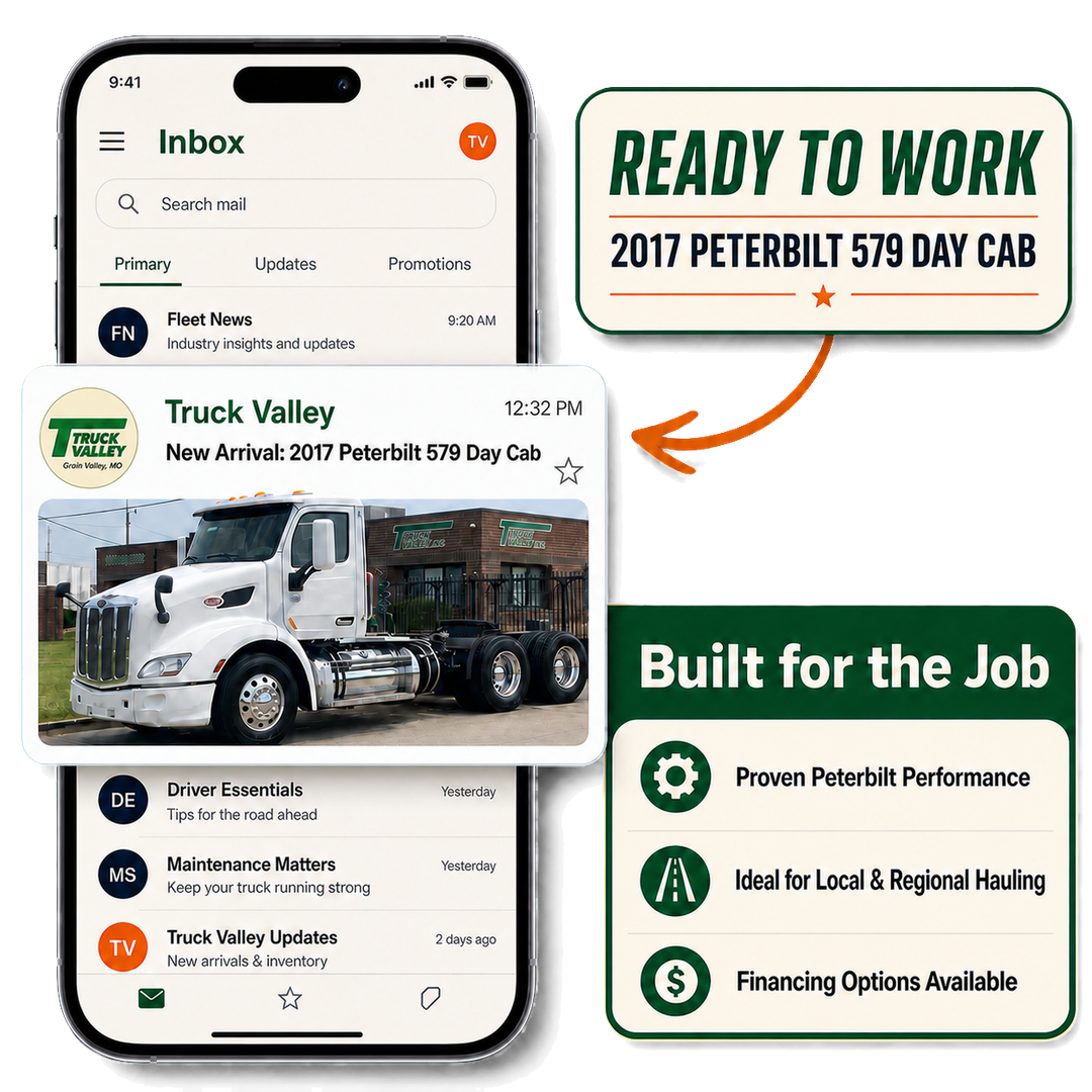An email inbox showing a "New Arrival: 2017 Peterbilt 579 Day Cab" campaign from Truck Valley