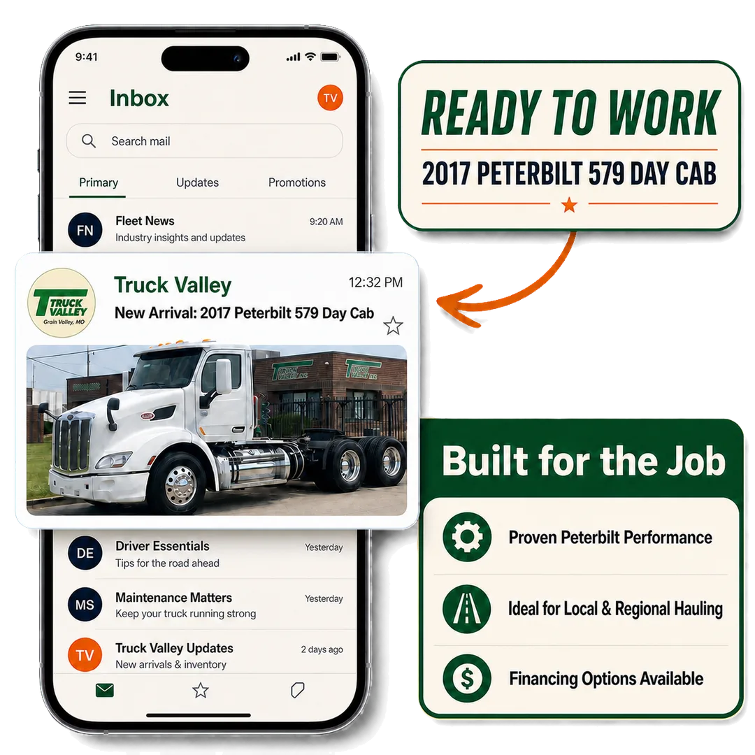 An email inbox showing a "New Arrival: 2017 Peterbilt 579 Day Cab" campaign from Truck Valley
