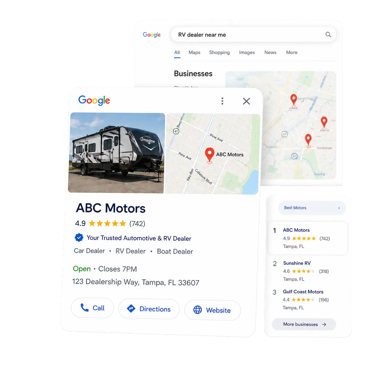 A Google Business Profile knowledge panel and local map pack ranking for an "RV dealer near me" search