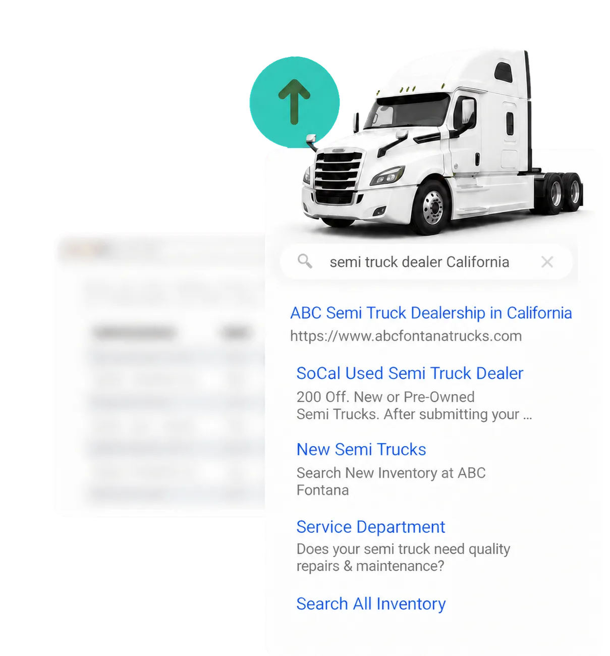 Search results for "semi truck dealer California" showing a dealership ranking at the top of organic results