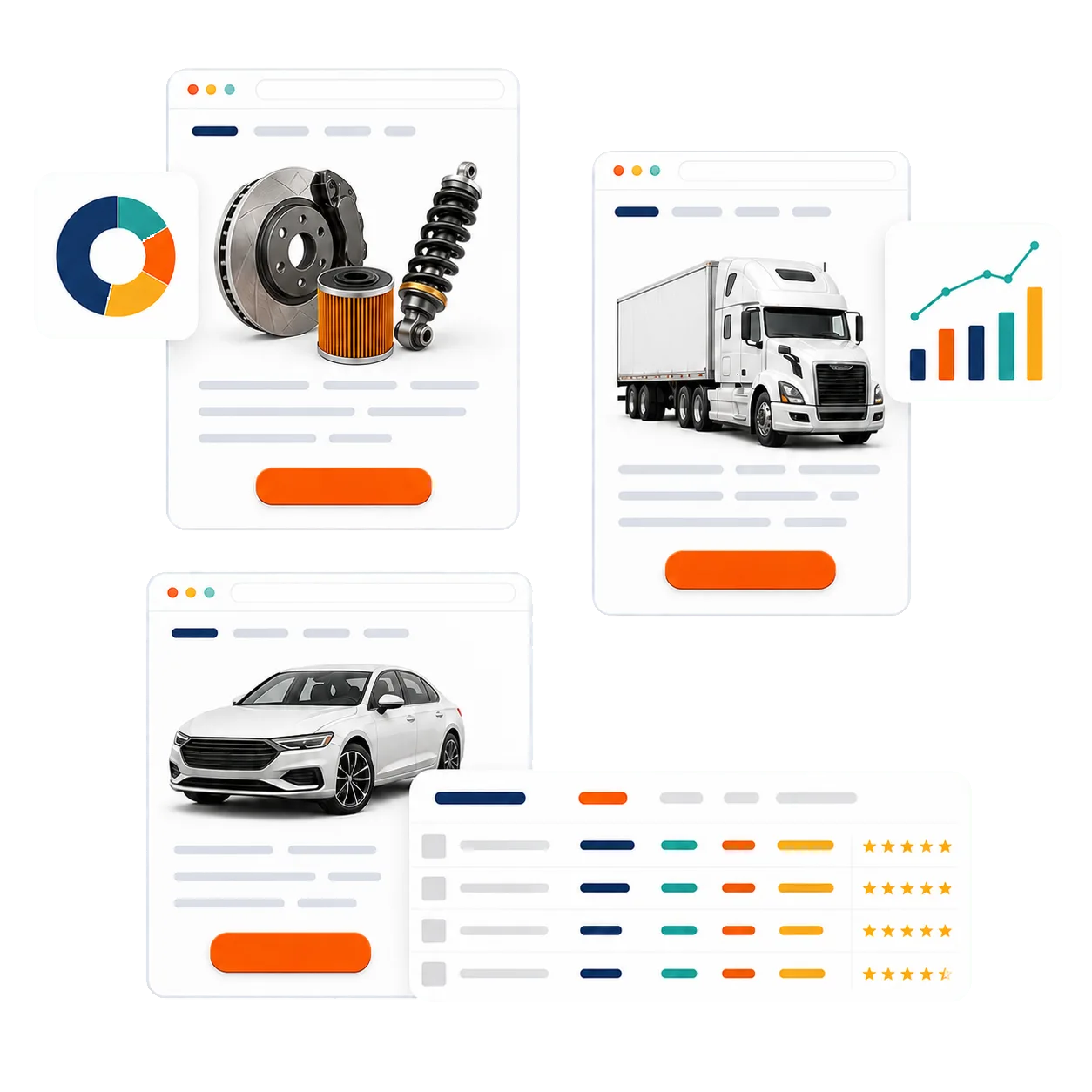 Inventory listing pages for parts, a semi truck, and a sedan, alongside a performance chart and a ranking comparison table