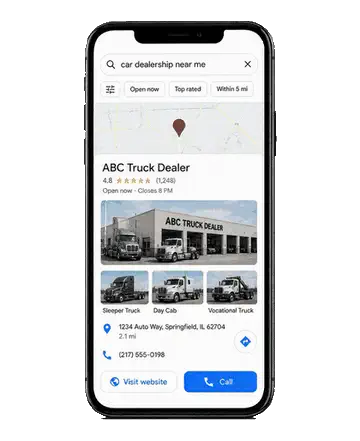 A mobile Google Maps search for "car dealership near me" showing a truck dealer's local listing with photos, rating, and call button