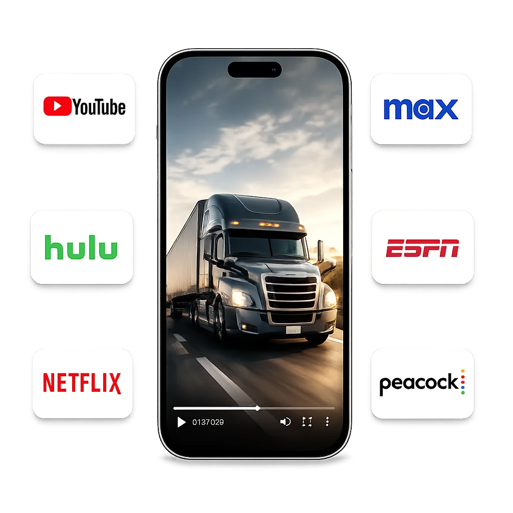 A phone playing a truck video ad surrounded by streaming platform logos including YouTube, Max, Hulu, ESPN, Netflix, and Peacock