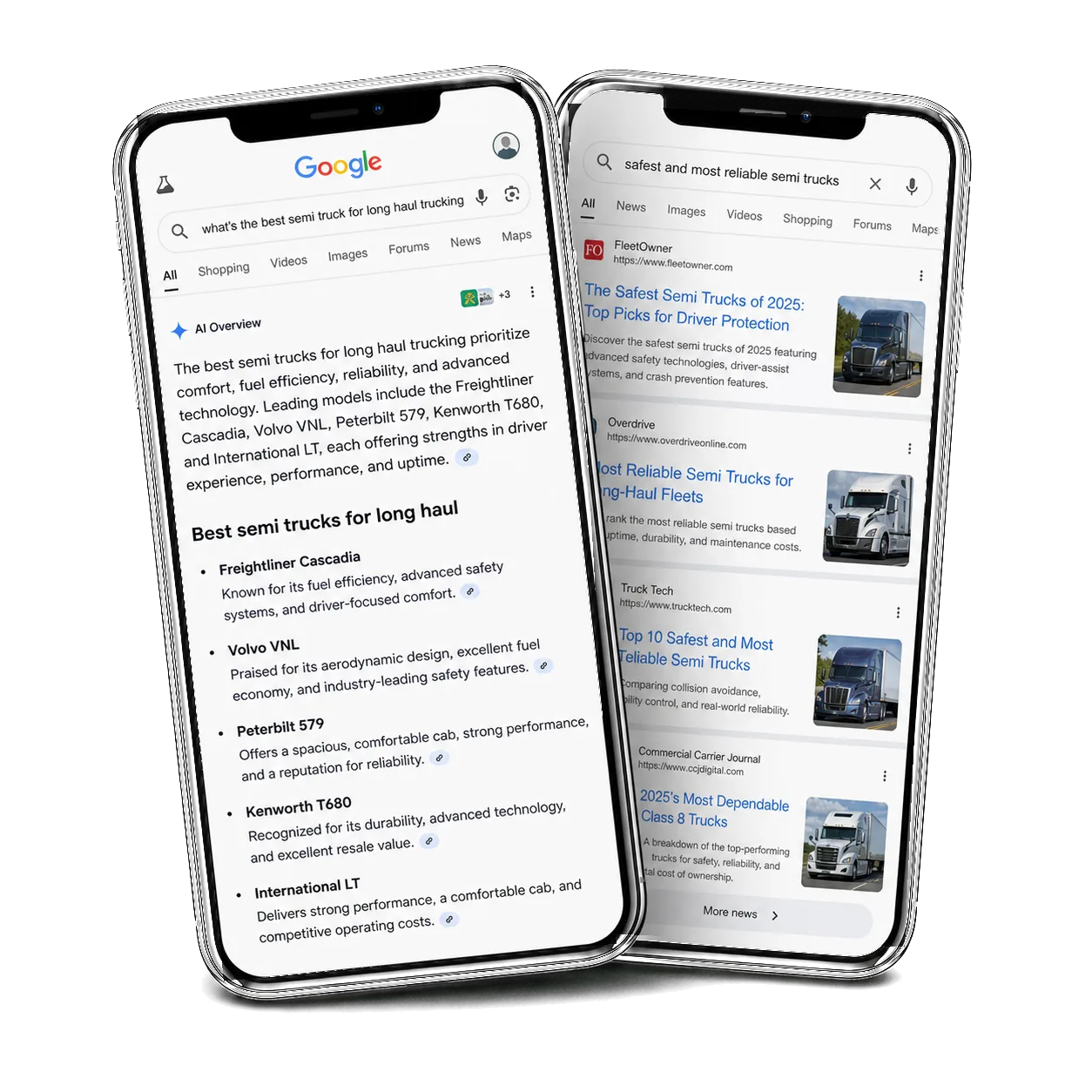 Two phones showing Google AI Overview and search results for semi truck buying research